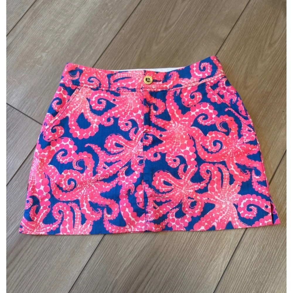 Lilly Pulitzer Pink Blue Octopus Print Mini Skirt Size 00 Preppy Summer Cotton